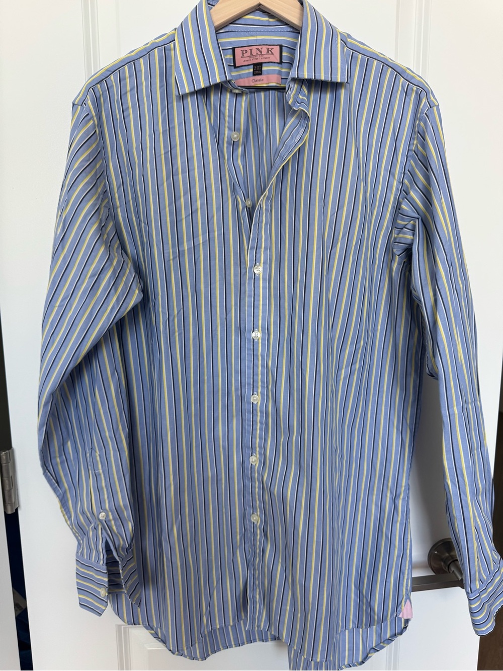 Thomas Pink Mens 16-36.5 Classic Blue Yellow Stripe Shirt Large